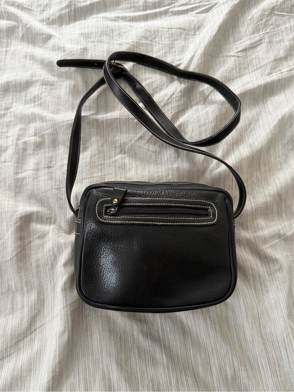 Black Leather Crossbody Bag with Front Zip Pocket